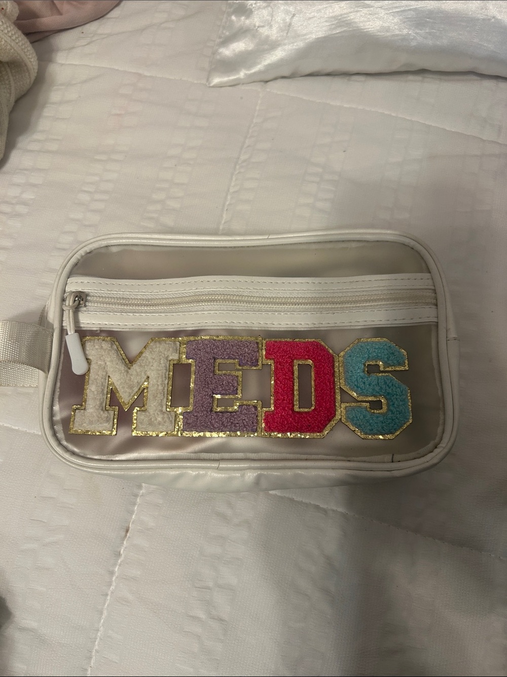 Clear White Pouch with 'MEDS' Colorful Patch